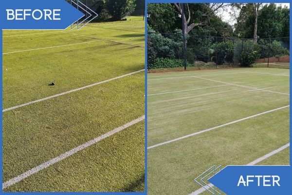 Synthetic Grass Tennis Court Pressure Cleaning Before Vs After
